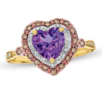 Heart-Shaped Amethyst Frame Ring in 14K Gold with Enhanced Champagne and White Diamonds